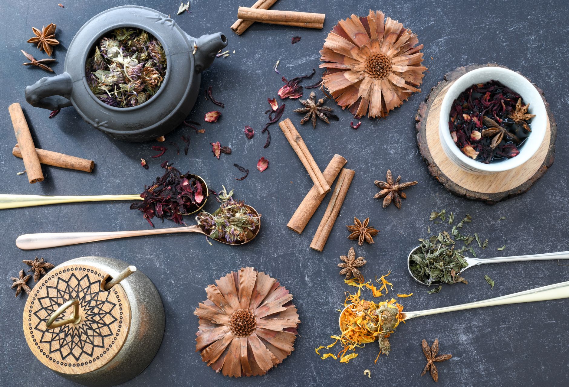 Cinnamon and Ayurvedic herbs flat lay